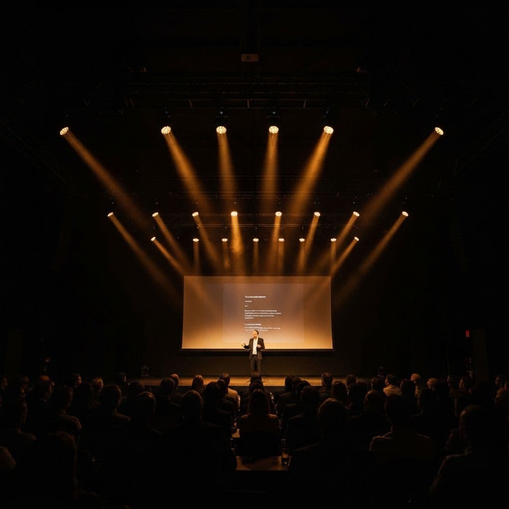Christopher Kai speaking on stage at GifterX Talks event with dramatic lighting